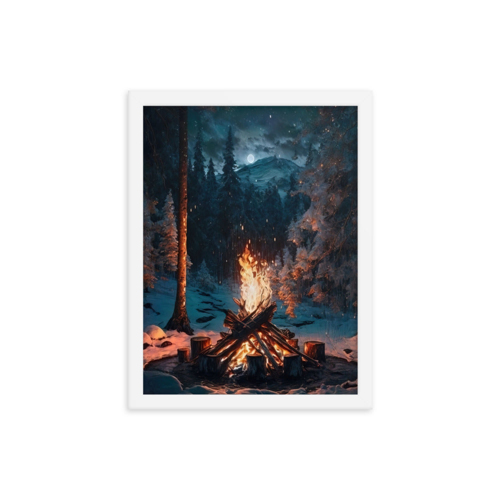 Lagerfeuer beim Camping - Wald mit Schneebedeckten Bäumen - Malerei - Premium Poster mit Rahmen camping xxx 30.5 x 40.6 cm