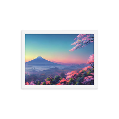 Berg und Wald mit pinken Bäumen - Landschaftsmalerei - Premium Poster mit Rahmen berge xxx 30.5 x 40.6 cm