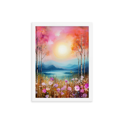 Berge, See, pinke Bäume und Blumen - Malerei - Premium Poster mit Rahmen berge xxx 30.5 x 40.6 cm