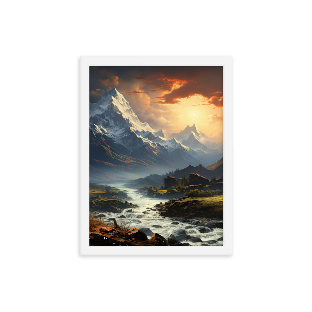 Berge, Sonne, steiniger Bach und Wolken - Epische Stimmung - Premium Poster mit Rahmen berge xxx 30.5 x 40.6 cm
