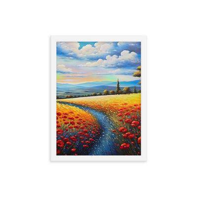 Feld mit roten Blumen und Berglandschaft - Landschaftsmalerei - Premium Poster mit Rahmen berge xxx 30.5 x 40.6 cm
