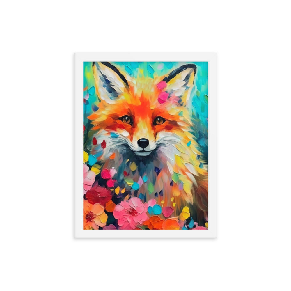 Schöner Fuchs im Blumenfeld - Farbige Malerei - Premium Poster mit Rahmen camping xxx 30.5 x 40.6 cm
