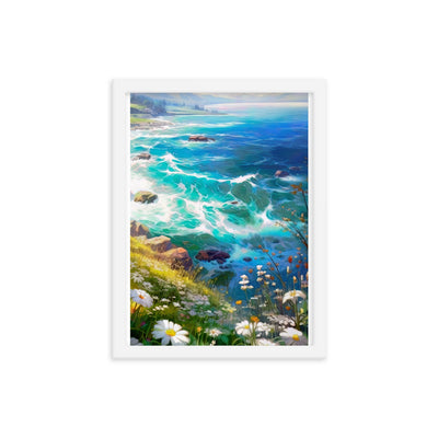 Berge, Blumen, Fluss und Steine - Malerei - Premium Poster mit Rahmen camping xxx 30.5 x 40.6 cm