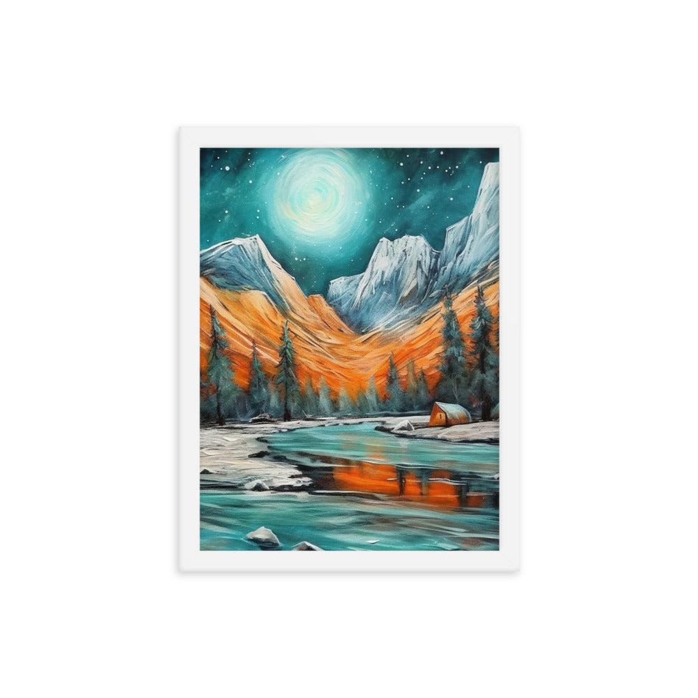 Berglandschaft und Zelte - Nachtstimmung - Landschaftsmalerei - Premium Poster mit Rahmen camping xxx 30.5 x 40.6 cm