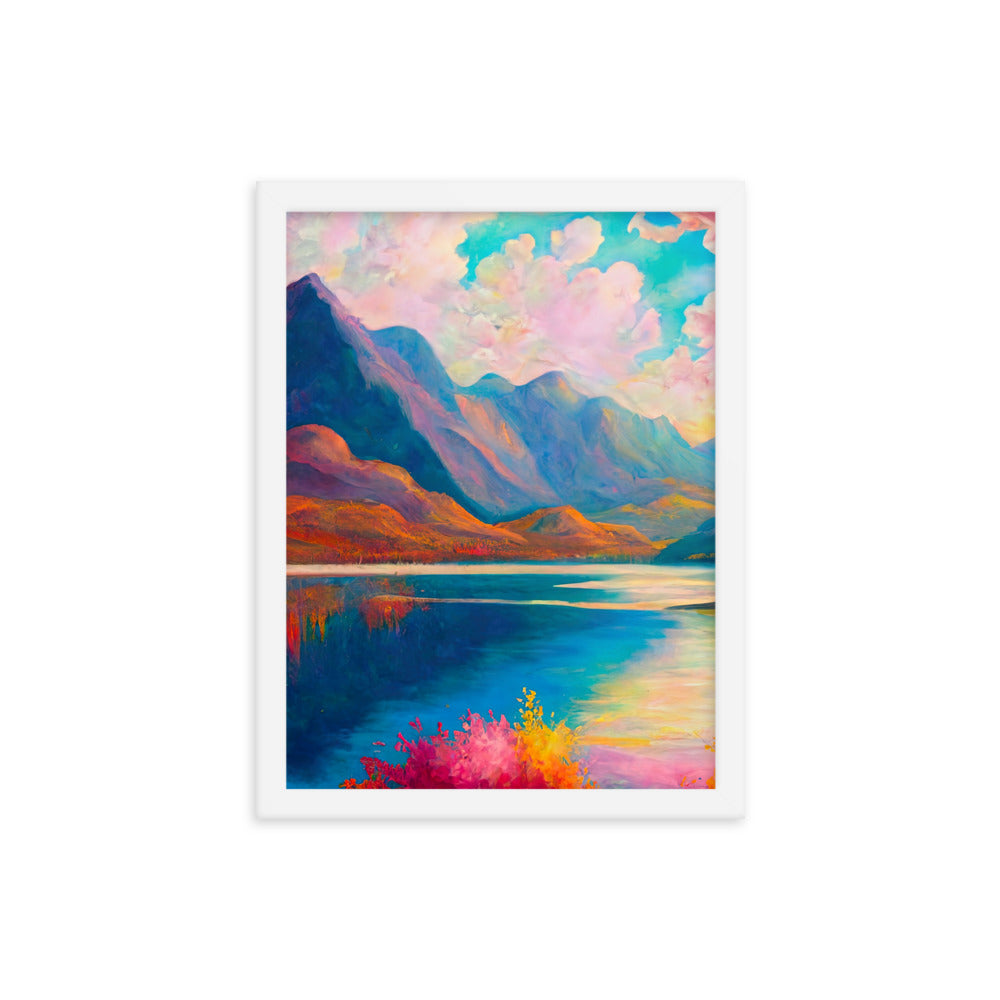 Berglandschaft und Bergsee - Farbige Ölmalerei - Premium Poster mit Rahmen berge xxx 30.5 x 40.6 cm