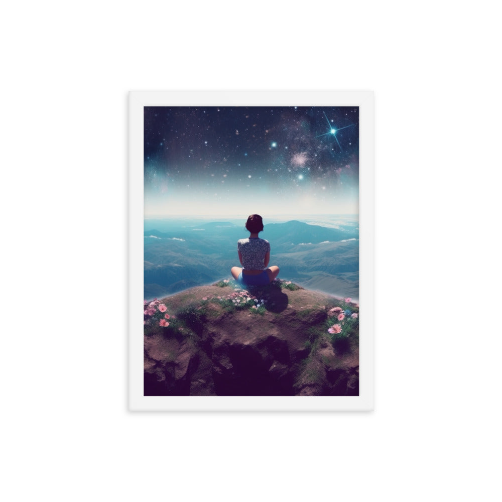Frau sitzt auf Berg – Cosmos und Sterne im Hintergrund - Landschaftsmalerei - Premium Poster mit Rahmen berge xxx 30.5 x 40.6 cm