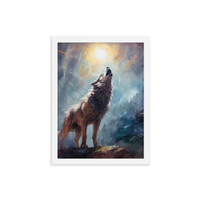 Heulender Wolf auf Berggipfel und Mond im Hintergrund – Abstrakte Malerei - Premium Poster mit Rahmen camping xxx 30.5 x 40.6 cm
