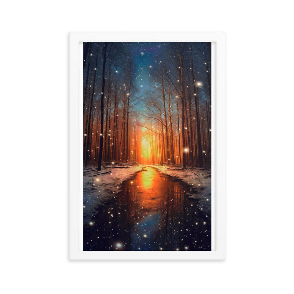 Bäume im Winter, Schnee, Sonnenaufgang und Fluss - Premium Poster mit Rahmen camping xxx Weiß 30.5 x 45.7 cm
