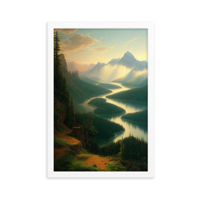 Landschaft mit Bergen, See und viel grüne Natur - Malerei - Premium Poster mit Rahmen berge xxx 30.5 x 45.7 cm