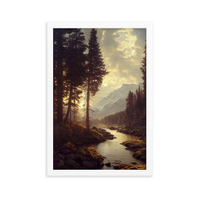 Landschaft mit Bergen, Fluss und Bäumen - Malerei - Premium Poster mit Rahmen berge xxx 30.5 x 45.7 cm