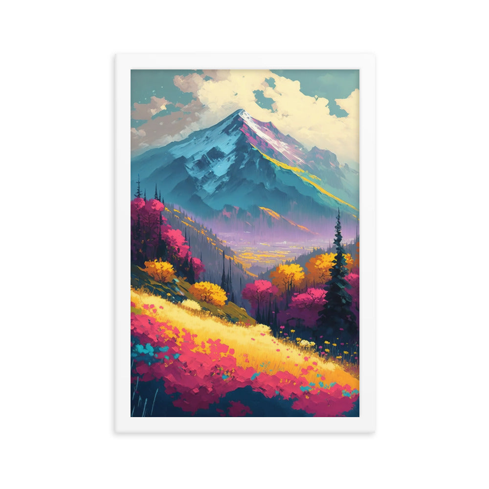 Berge, pinke und gelbe Bäume, sowie Blumen - Farbige Malerei - Premium Poster mit Rahmen berge xxx 30.5 x 45.7 cm