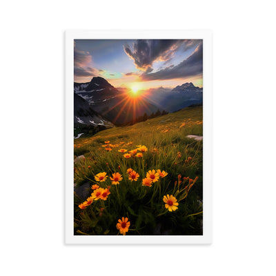 Gebirge, Sonnenblumen und Sonnenaufgang - Premium Poster mit Rahmen berge xxx 30.5 x 45.7 cm
