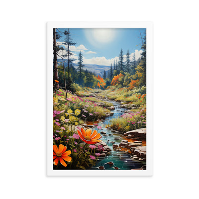 Berge, schöne Blumen und Bach im Wald - Premium Poster mit Rahmen berge xxx 30.5 x 45.7 cm