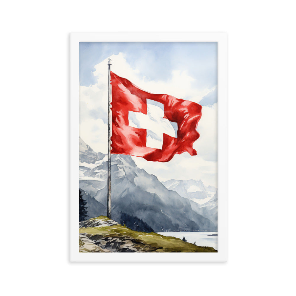 Schweizer Flagge und Berge im Hintergrund - Epische Stimmung - Malerei - Premium Poster mit Rahmen berge xxx 30.5 x 45.7 cm