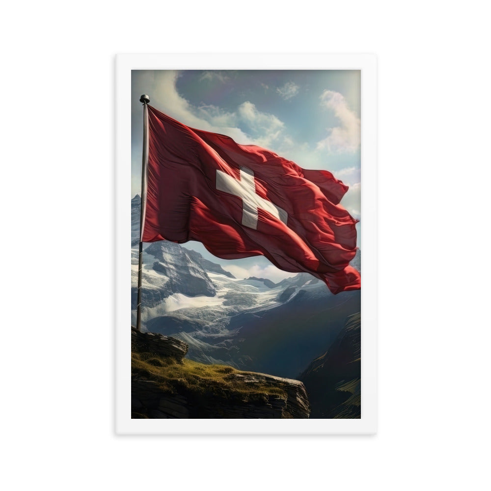 Schweizer Flagge und Berge im Hintergrund - Fotorealistische Malerei - Premium Poster mit Rahmen berge xxx 30.5 x 45.7 cm