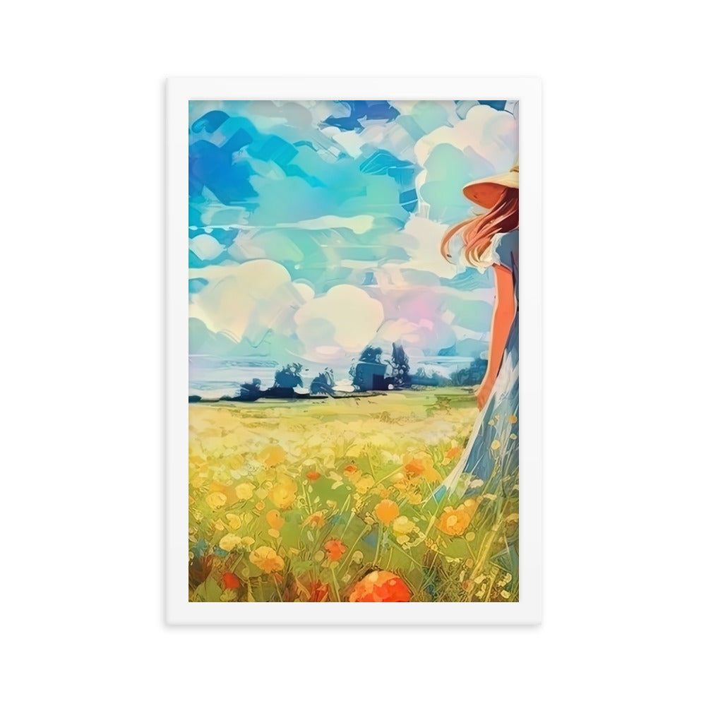 Dame mit Hut im Feld mit Blumen - Landschaftsmalerei - Premium Poster mit Rahmen camping xxx Weiß 30.5 x 45.7 cm