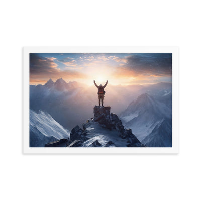 Mann auf der Spitze eines Berges - Landschaftsmalerei - Premium Poster mit Rahmen berge xxx Weiß 30.5 x 45.7 cm