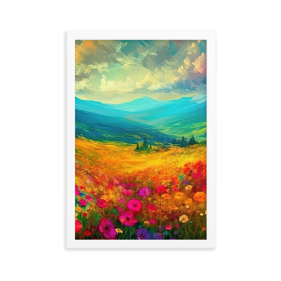 Berglandschaft und schöne farbige Blumen - Malerei - Premium Poster mit Rahmen berge xxx 30.5 x 45.7 cm