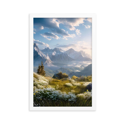 Berglandschaft mit Sonnenschein, Blumen und Bäumen - Malerei - Premium Poster mit Rahmen berge xxx 30.5 x 45.7 cm