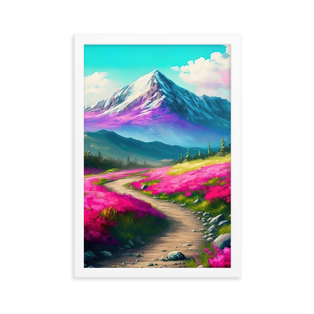 Berg, pinke Blumen und Wanderweg - Landschaftsmalerei - Premium Poster mit Rahmen berge xxx Weiß 30.5 x 45.7 cm