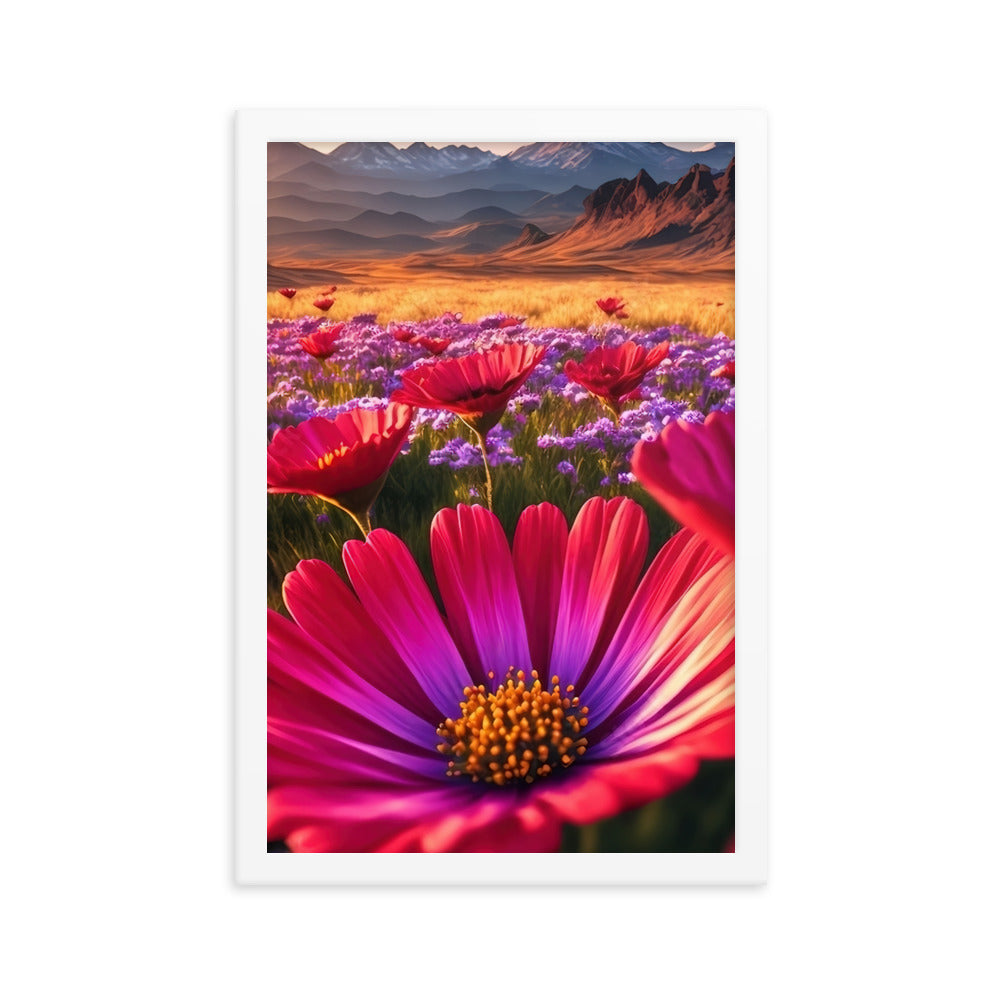 Wünderschöne Blumen und Berge im Hintergrund - Premium Poster mit Rahmen berge xxx 30.5 x 45.7 cm