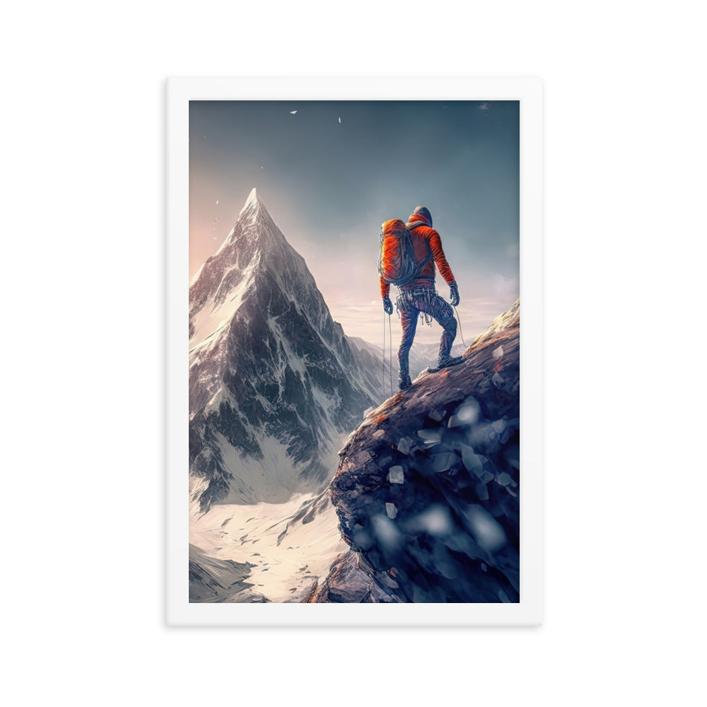 Bergsteiger auf Berg - Epische Malerei - Premium Poster mit Rahmen klettern xxx 30.5 x 45.7 cm