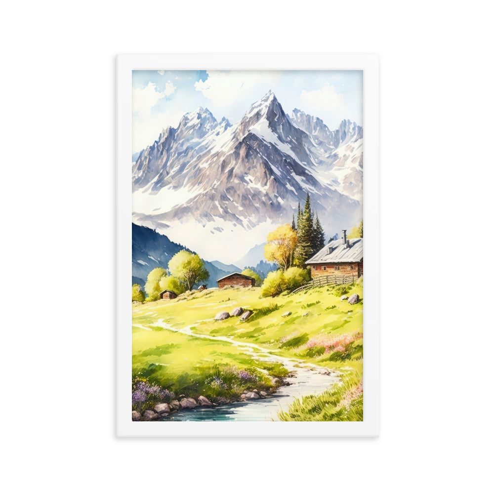 Epische Berge und Berghütte - Landschaftsmalerei - Premium Poster mit Rahmen berge xxx 30.5 x 45.7 cm