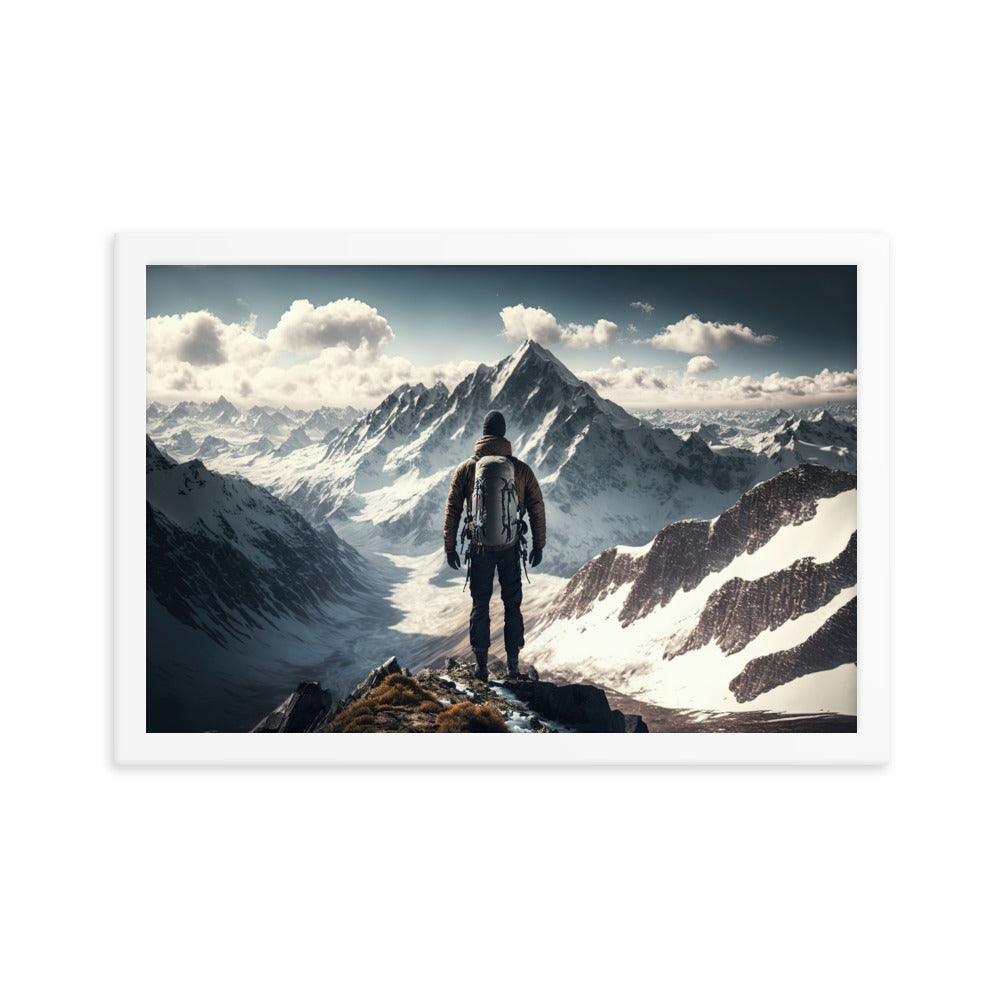 Wanderer auf Berg von hinten - Malerei - Premium Poster mit Rahmen berge xxx 30.5 x 45.7 cm