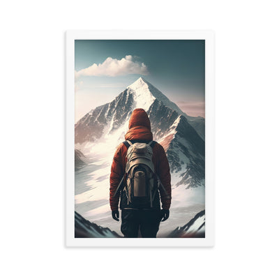 Wanderer von hinten vor einem Berg - Malerei - Premium Poster mit Rahmen berge xxx 30.5 x 45.7 cm