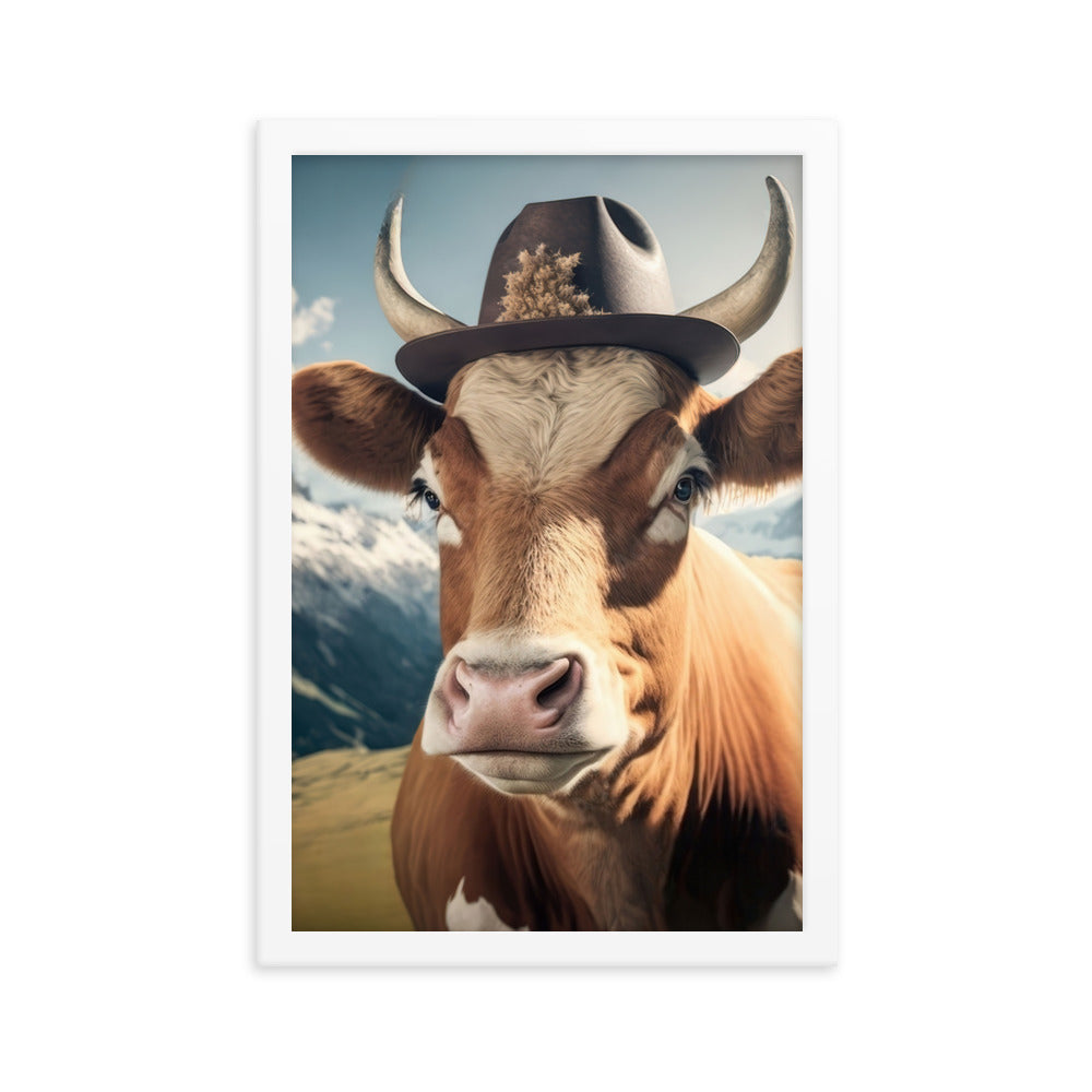 Kuh mit Hut in den Alpen - Berge im Hintergrund - Landschaftsmalerei - Premium Poster mit Rahmen berge xxx 30.5 x 45.7 cm