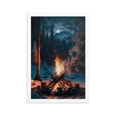 Lagerfeuer beim Camping - Wald mit Schneebedeckten Bäumen - Malerei - Premium Poster mit Rahmen camping xxx 30.5 x 45.7 cm