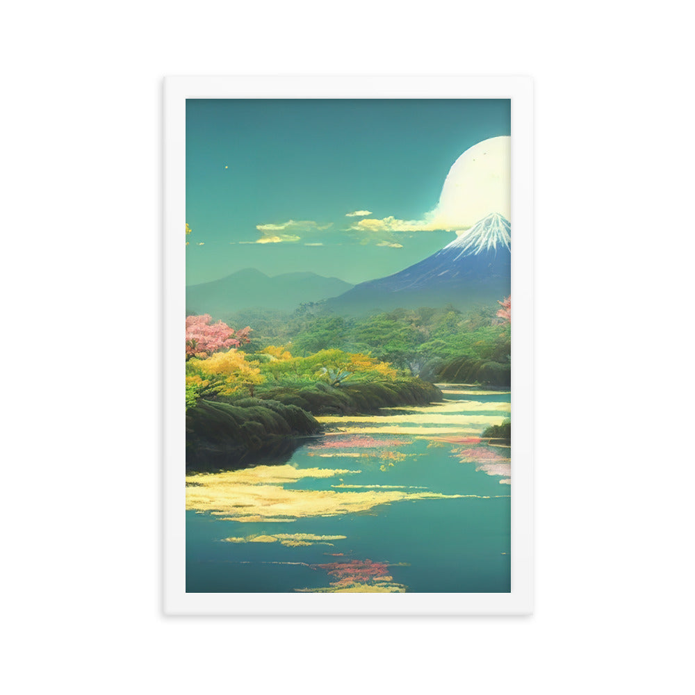 Berg, See und Wald mit pinken Bäumen - Landschaftsmalerei - Premium Poster mit Rahmen berge xxx 30.5 x 45.7 cm