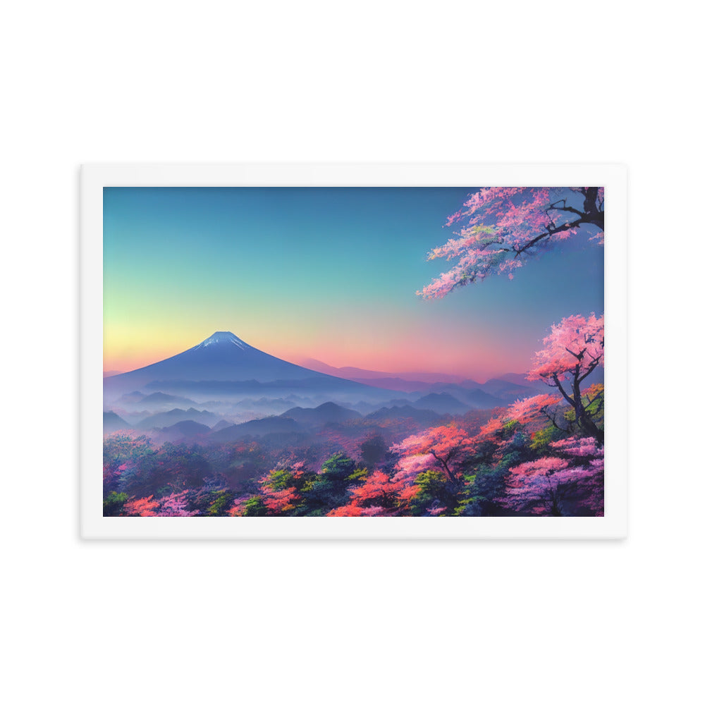 Berg und Wald mit pinken Bäumen - Landschaftsmalerei - Premium Poster mit Rahmen berge xxx 30.5 x 45.7 cm