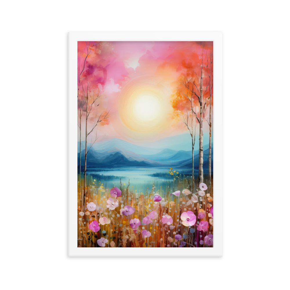 Berge, See, pinke Bäume und Blumen - Malerei - Premium Poster mit Rahmen berge xxx 30.5 x 45.7 cm