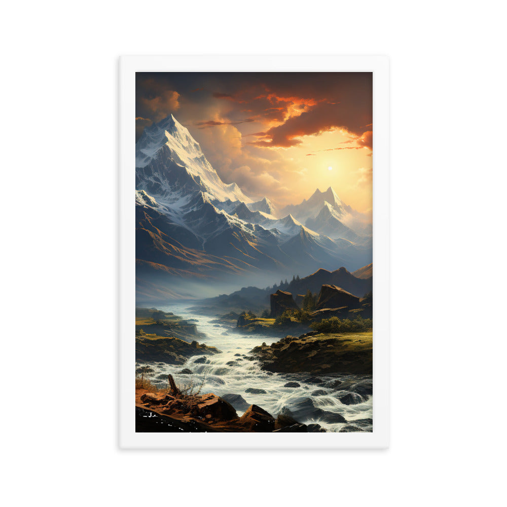Berge, Sonne, steiniger Bach und Wolken - Epische Stimmung - Premium Poster mit Rahmen berge xxx 30.5 x 45.7 cm