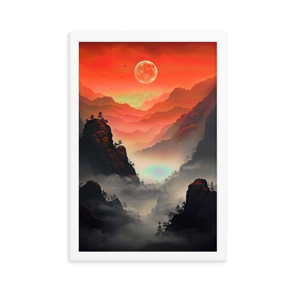 Gebirge, rote Farben und Nebel - Episches Kunstwerk - Premium Poster mit Rahmen berge xxx 30.5 x 45.7 cm