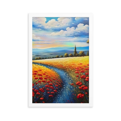 Feld mit roten Blumen und Berglandschaft - Landschaftsmalerei - Premium Poster mit Rahmen berge xxx 30.5 x 45.7 cm