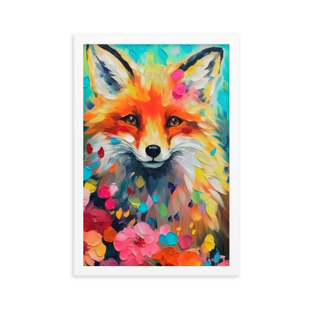 Schöner Fuchs im Blumenfeld - Farbige Malerei - Premium Poster mit Rahmen camping xxx 30.5 x 45.7 cm