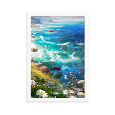 Berge, Blumen, Fluss und Steine - Malerei - Premium Poster mit Rahmen camping xxx 30.5 x 45.7 cm