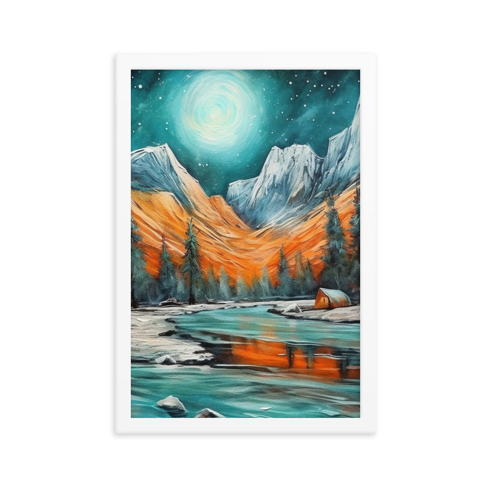 Berglandschaft und Zelte - Nachtstimmung - Landschaftsmalerei - Premium Poster mit Rahmen camping xxx 30.5 x 45.7 cm