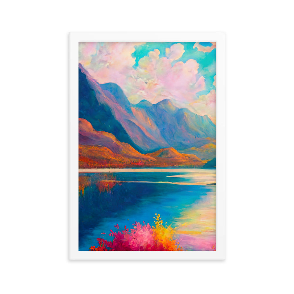 Berglandschaft und Bergsee - Farbige Ölmalerei - Premium Poster mit Rahmen berge xxx 30.5 x 45.7 cm