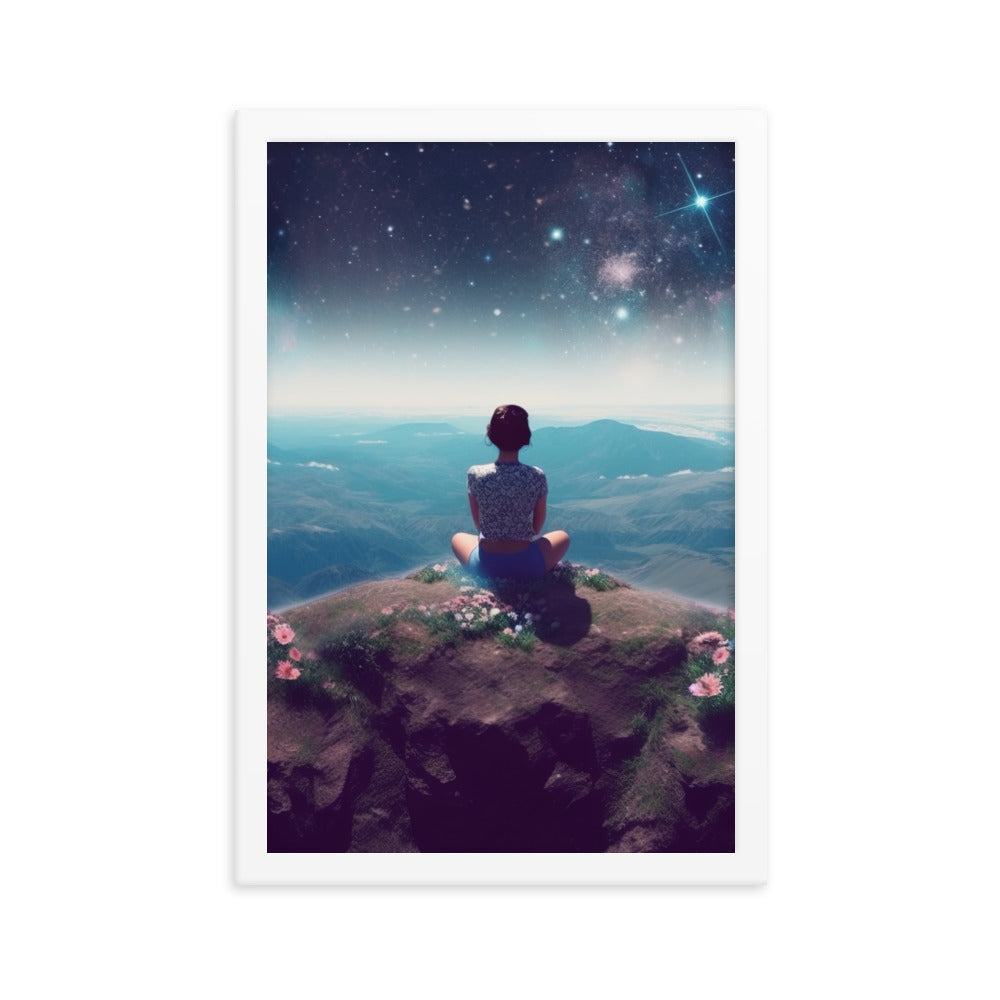 Frau sitzt auf Berg – Cosmos und Sterne im Hintergrund - Landschaftsmalerei - Premium Poster mit Rahmen berge xxx 30.5 x 45.7 cm