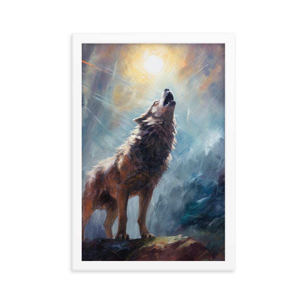 Heulender Wolf auf Berggipfel und Mond im Hintergrund – Abstrakte Malerei - Premium Poster mit Rahmen camping xxx 30.5 x 45.7 cm