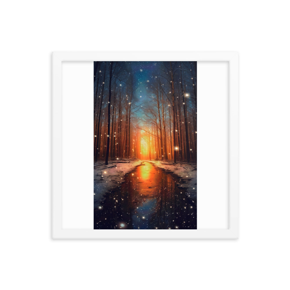 Bäume im Winter, Schnee, Sonnenaufgang und Fluss - Premium Poster mit Rahmen camping xxx Weiß 35.6 x 35.6 cm