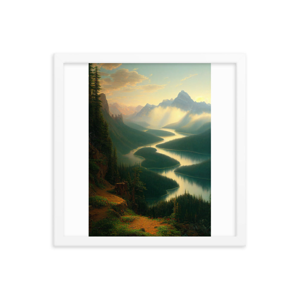 Landschaft mit Bergen, See und viel grüne Natur - Malerei - Premium Poster mit Rahmen berge xxx 35.6 x 35.6 cm