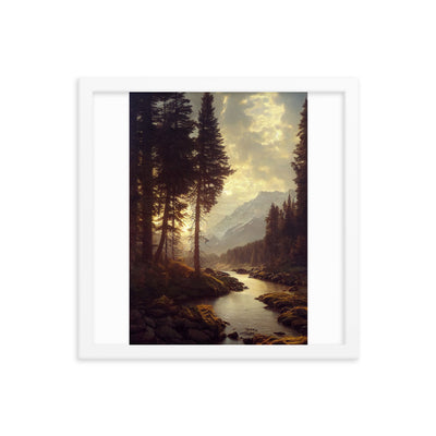 Landschaft mit Bergen, Fluss und Bäumen - Malerei - Premium Poster mit Rahmen berge xxx 35.6 x 35.6 cm