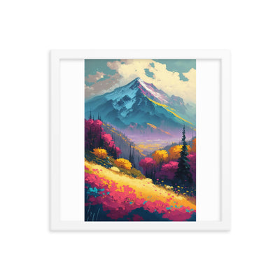 Berge, pinke und gelbe Bäume, sowie Blumen - Farbige Malerei - Premium Poster mit Rahmen berge xxx 35.6 x 35.6 cm
