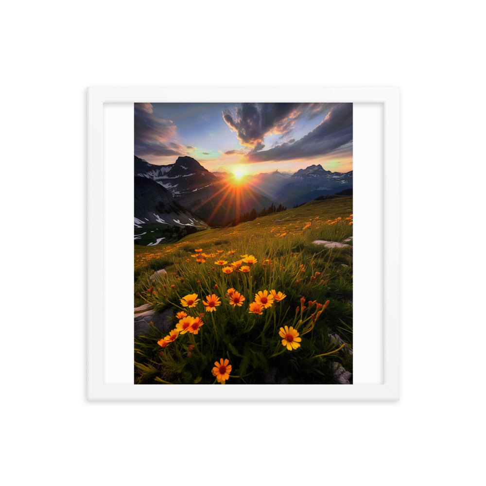 Gebirge, Sonnenblumen und Sonnenaufgang - Premium Poster mit Rahmen berge xxx 35.6 x 35.6 cm