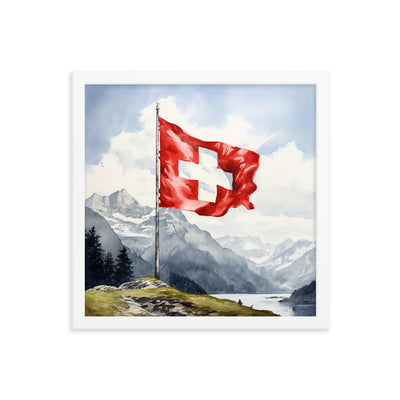 Schweizer Flagge und Berge im Hintergrund - Epische Stimmung - Malerei - Premium Poster mit Rahmen berge xxx 35.6 x 35.6 cm
