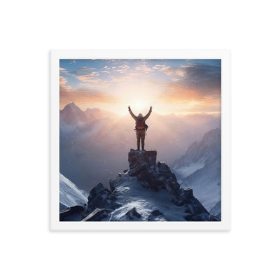 Mann auf der Spitze eines Berges - Landschaftsmalerei - Premium Poster mit Rahmen berge xxx Weiß 35.6 x 35.6 cm